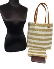Jewell By Thirty-One Striped Woven Large Open Tote Bag W/Zip Pouch Tan White New