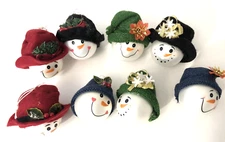 Snowman Head Glass Ball Bulb Ornament LOT Christmas Hats Ceramic Holly Trim VTG