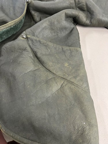 Patmos VTG Collared Shearling Leather Coat Parka Jacket Button Green sz M - Picture 13 of 13