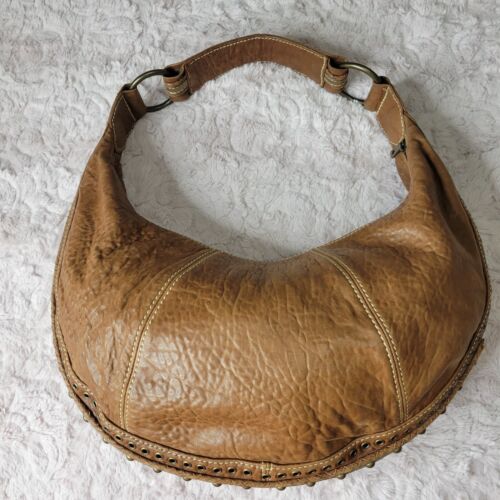 Junior Drake Brown Soft Leather Round Hobo Style Shoulder Bag Studded Details
