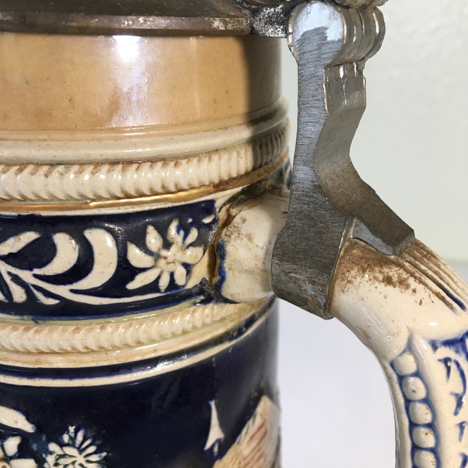 15” Vintage German Beer Stein Going Hunting with Pewter Lid Marked DBGM