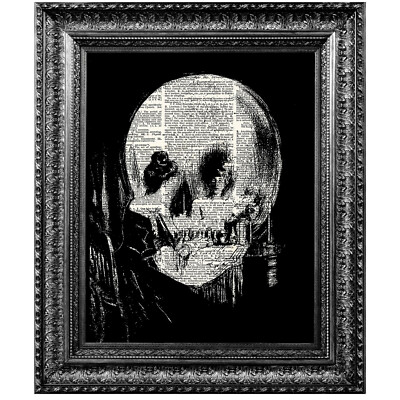 Art print Optical Skull Illusion on dictionary book page, Gothic wall art decor