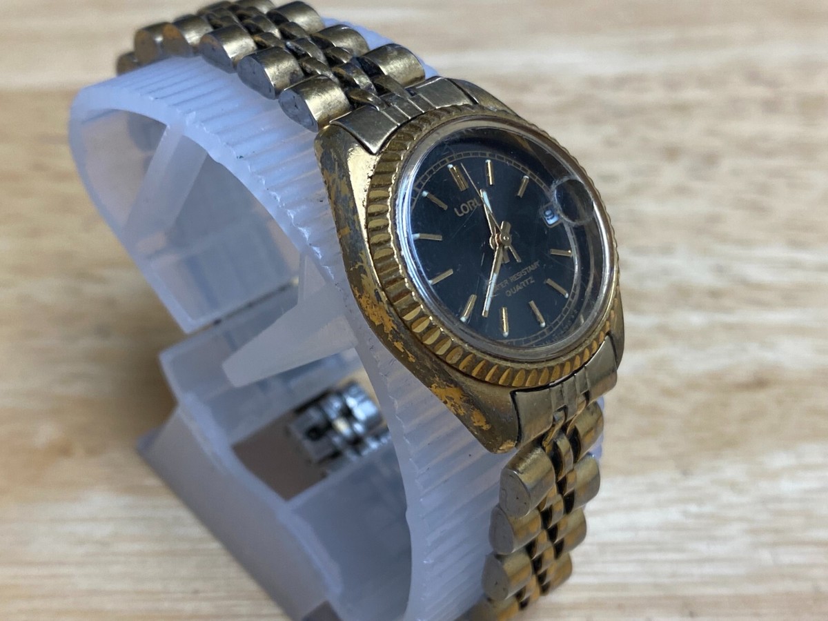 Vtg Lorus Watch Women V232-5490 16mm Gold Tone Black Dial Needs New Battery 5.5\