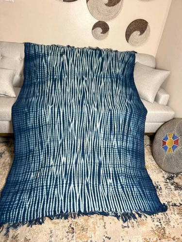 Authentic African Fringe Mudcloth Indigo Textile Boho Shibori Blanket Throw