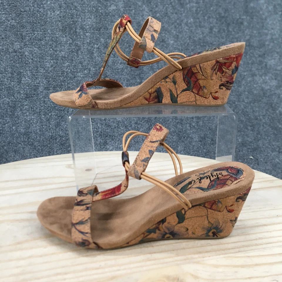 Style & Co Sandal Womens 6M Beige Mulan Floral T Strap Slip On Wedge Heel Suede - Image 2 of 4