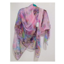 Large Pink Square Silk Scarf with Forrest Leaves in Green Purple Tan Shawl New