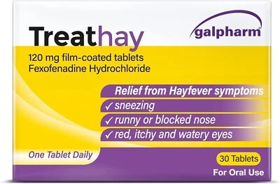 Treathay Fexofenadine 120mg Tablets Hayfever Allergies Film Coated 30 Tablets