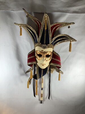 Face Mask Signed Handmade Paper Mache Joker Jester With Handle Florence Italy