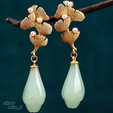 Womens Ginkgo Leaf Earring Green Jade Stud Earrings Gold Tone Jewelry Party Gift