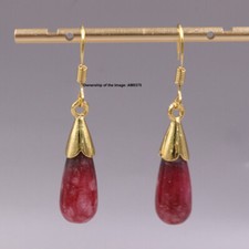 New Gold Plated Women's Raindrop Rose Jade Dangle Earrings Drop Hook 38mm H