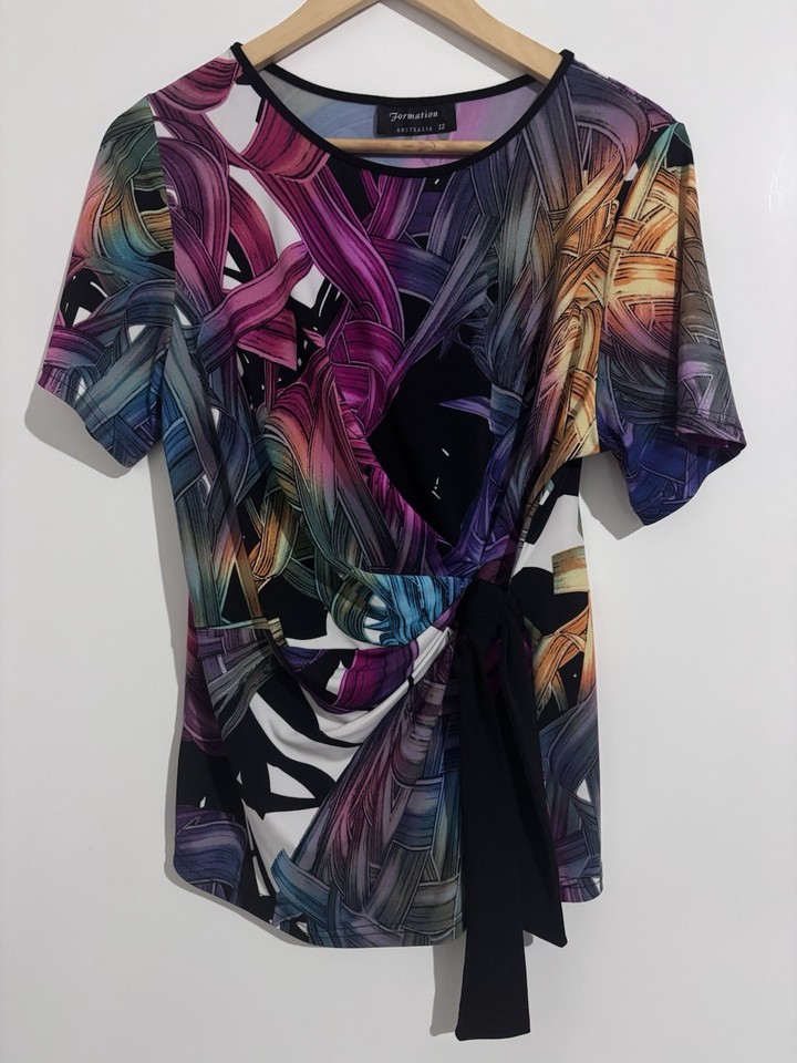 Formation Wrap Blouse 12 Multicoloured Abstract Draped Short Sleeve Tie Rainbow