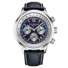 Stuhrling 4015 8 Quartz Chronograph Date Blue Dial Leather Strap Mens Watch