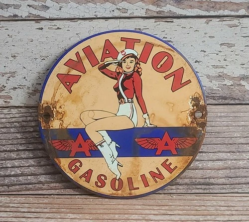 Vintage Aviation Gasoline Double A Pinup Girl Porcelain Metal Sign