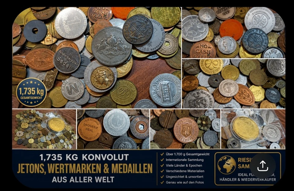 1,735 kg Konvolut Jetons, Wertmarken, Token & Medaillen aus aller Welt –... - Bild 1 von 4