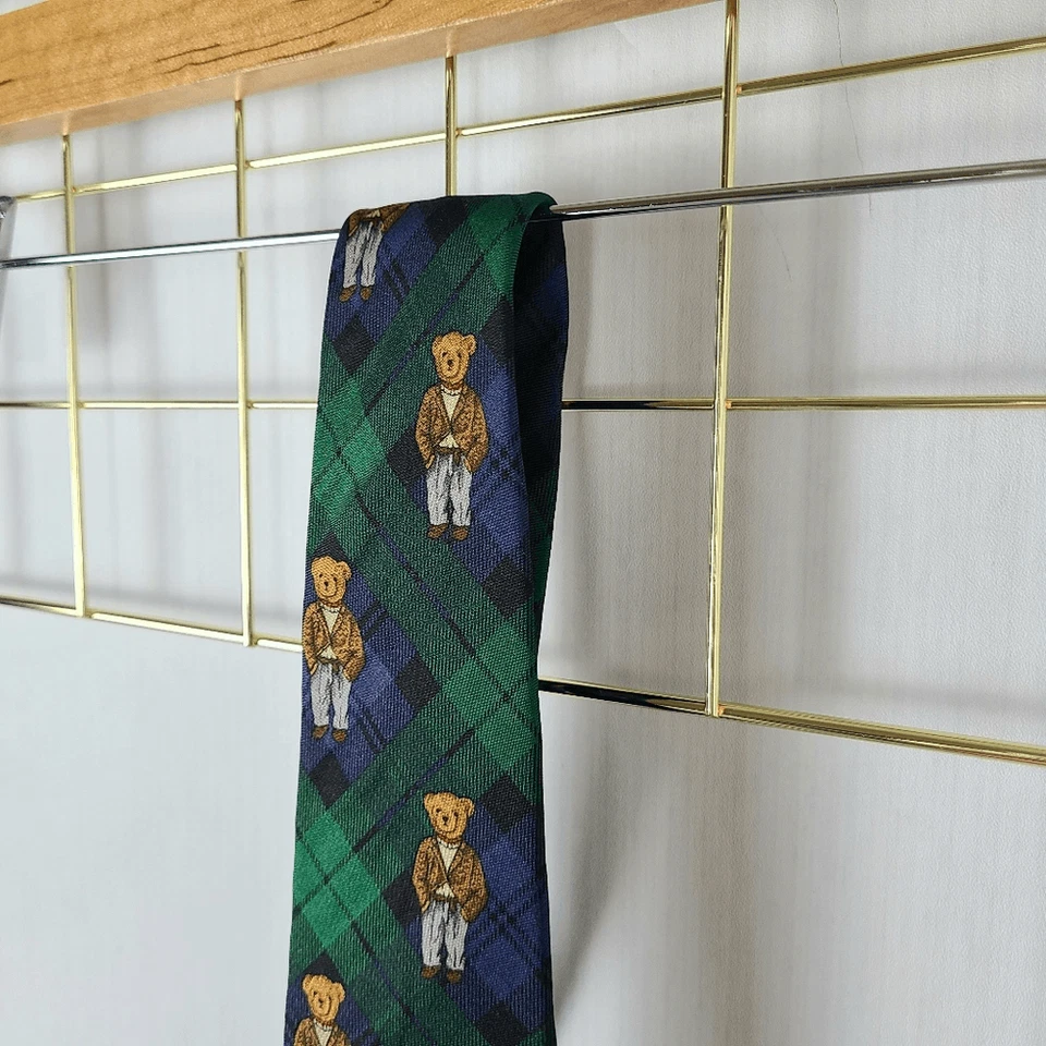 Polo Ralph Lauren Boys Tie Teddy Bear Black Watch Plaid USA Vtg Silk Kids - Image 3 of 4