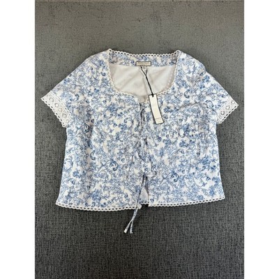 Bagatelle Collection Blue White Floral Lace Trim Tie Front Blouse Top Large NEW