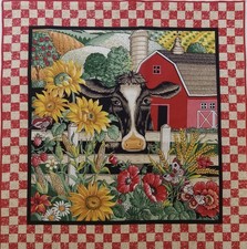 Joan Kessler 1 "Barn, Cow, Sunflowers" Cotton Fabric 15"x15.25" Red Border
