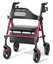 Foldable Rollator Walker with Seat, 8" Wheels, 350lb Capacity, Red