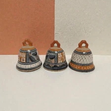 Lot Of 3 Mexican TONALA Folk Art Pottery Bells 2- Signed JIMOM  Made In MEXICO