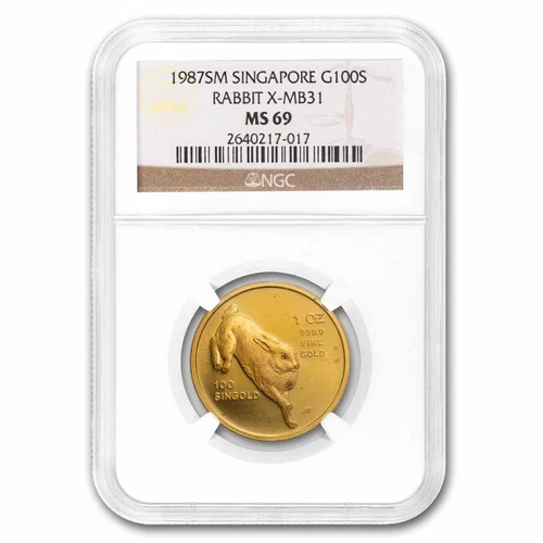 1987 Singapore 1 oz Gold 100 Singold Rabbit MS-69 NGC