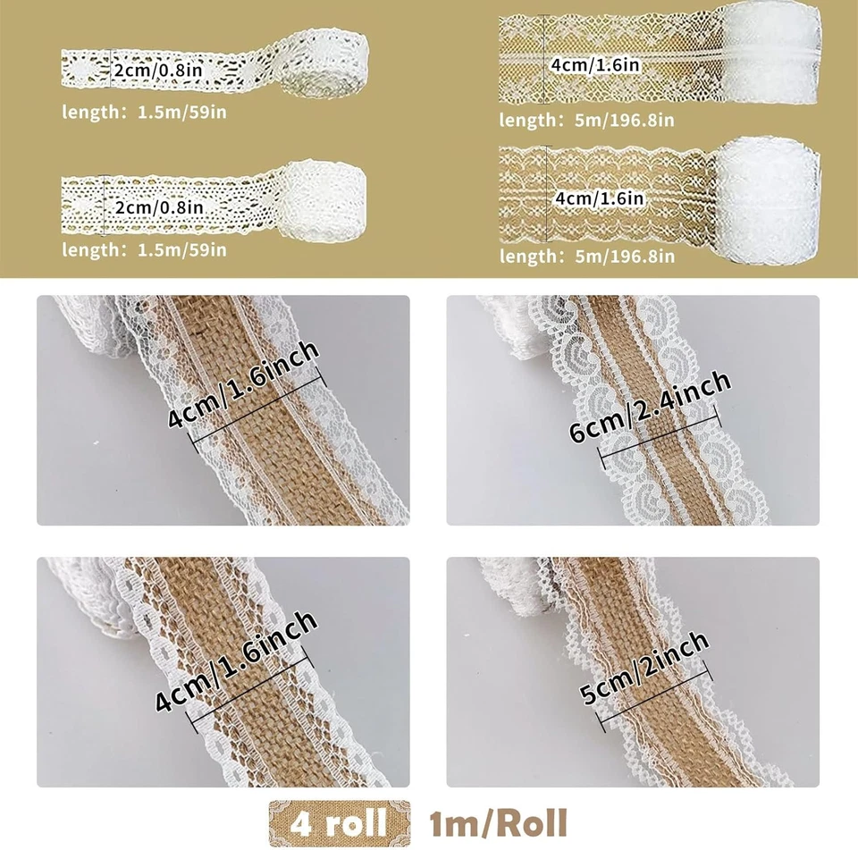 Jute Band mit Spitze 8 Rollen Naturband Selbstklebend Hochzeit Deko - Bild 2 von 4