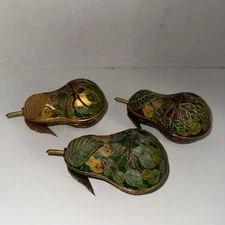 Vintage Cloisonné Pear Trinket Boxes Set of 3 Brass Enamel Lift-Off Lids