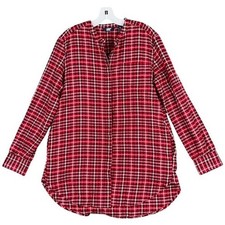 Lands End Womens Tunic Shirt Medium 10-12 Red Plaid Flannel Cotton Oversized