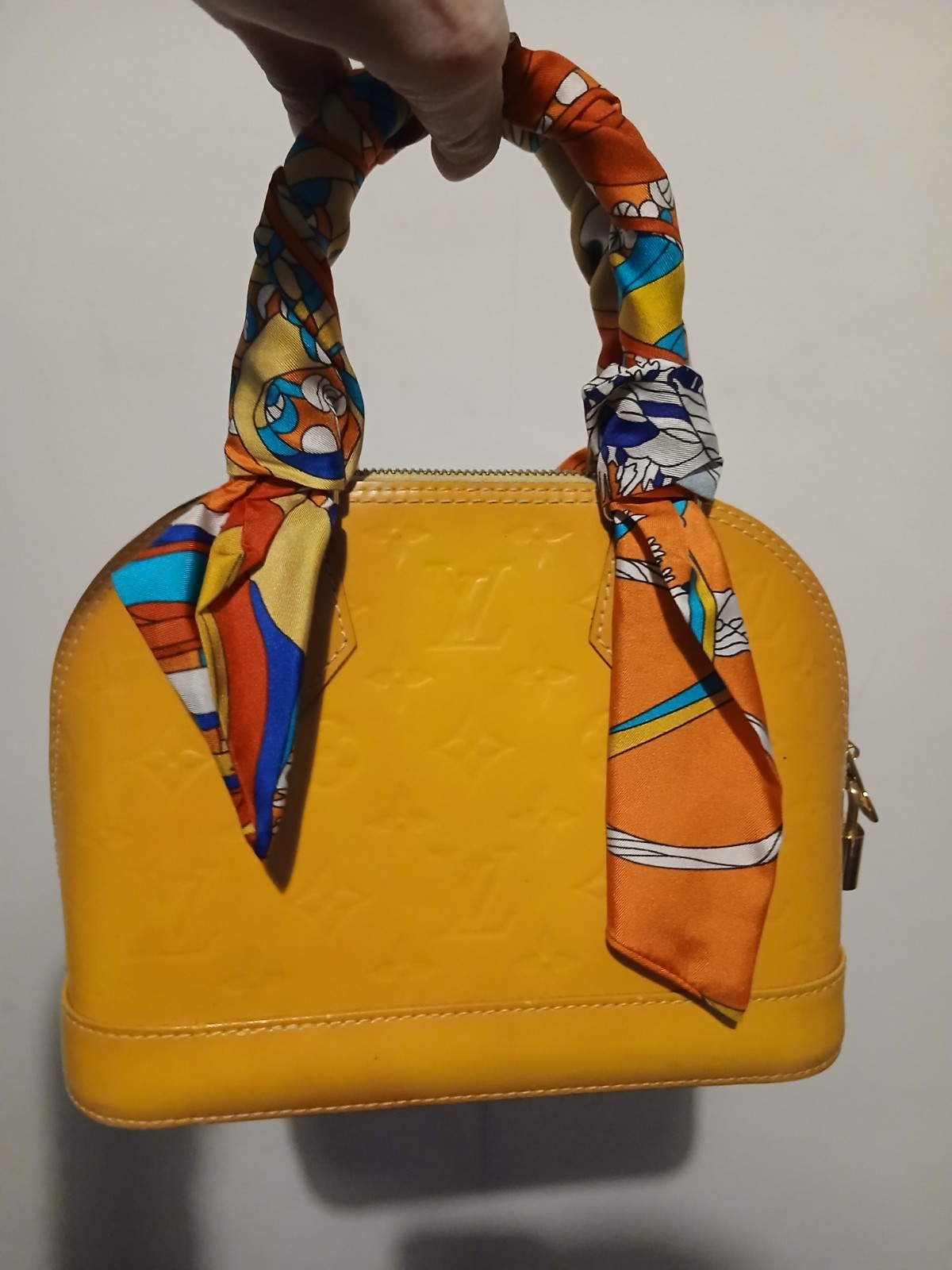 Authentic Louis Vuitton Alma BB In Yellow Vernis With Long Strap And Dustbag