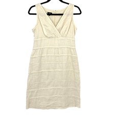 Talbots Sheath Dress Womens Size 6P Sleeveless Fringe Striped Cream 100% Linen