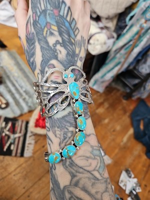 Native American Indian Sterling Wrap Statement Cuff Turquoise Dragonfly Huge