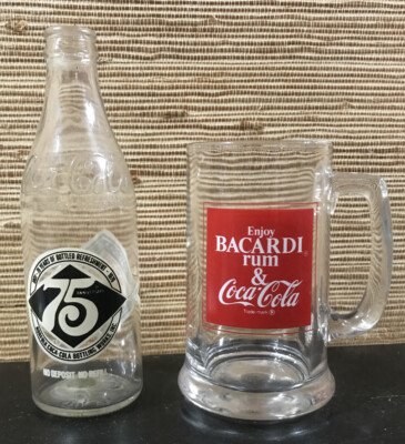Vintage 1978 Bacardi Rum/Coke Glass Mug & Coca Cola 75th Anniversary Bottle