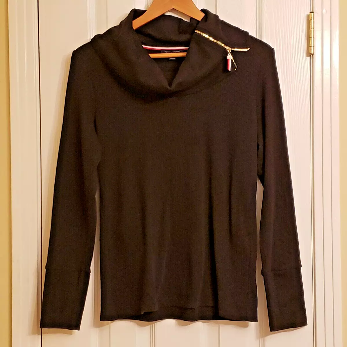 Tommy Hilfiger Womens Sweater Side Zip Up Cowl Neck Large Black