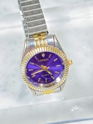 Edison Quartz Watch Ladies Purple Gold Silver Tone Expansion Band Works New Batt