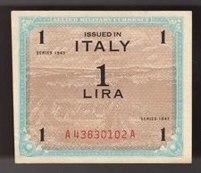 1943 Italy 1 Lira WWII Allied Military Currency   P-M10