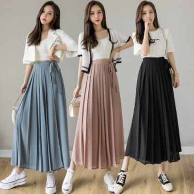 Womens Chiffon High Waist Trousers Lace Up Wide Leg Pleated