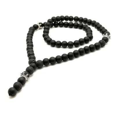 Perlenkette Schwarz Onyx Lava Stein Krone Schmuck Stahl Rosenkranz Geschenk - Bild 1 von 4
