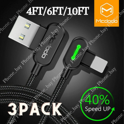 3 Pack Mcdodo 90 Degree Elbow USB Cable Charger Cord 4/6/10FT For iPhone14 13 12