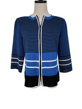 Ming Wang Women's Blue Black Career Stripe Zipper Jacket Cardigan Size S