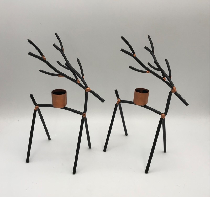 SET OF 2 METAL REINDEER TAPER CANDLEHOLDERS COPPER COLORED & BLACK 8.5”