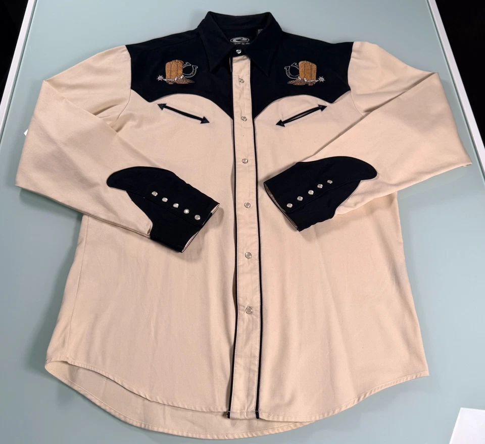 Roper Western Shirt Mens L Cream Body W/ Black Yoke Embroidered Pearl Snap  VTG - Image 3 of 4