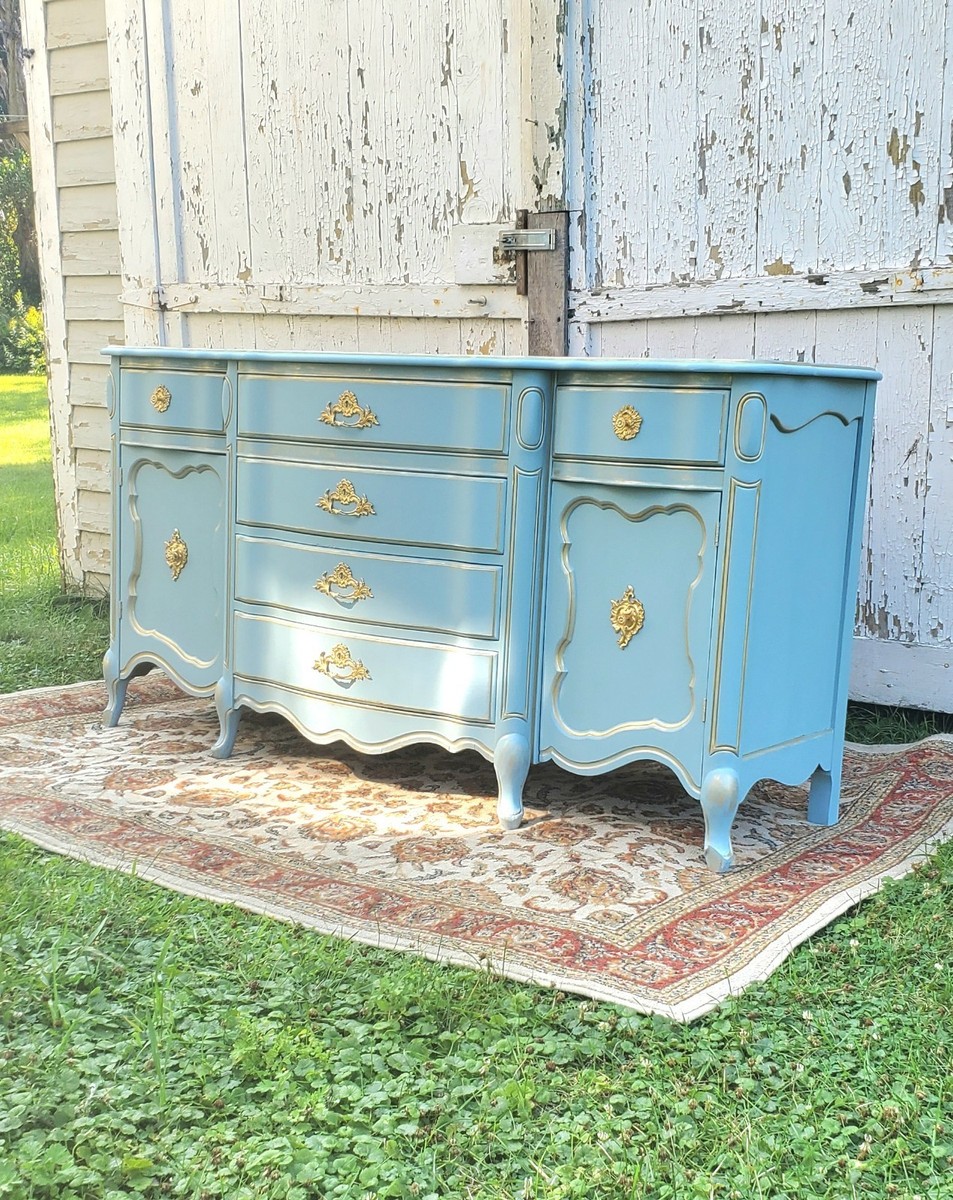 country blue dresser Blue Eucalyptus and Wood Tripe Dresser in Country Chic, Urban Farmhouse,  Mid Century/Boho/ Modern