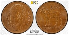 Norway 5 Ore 1962 PCGS MS 65 BN