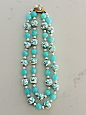 Aqua Blue Double Strand Necklace Retro Glass Beads Gold Tone Clasp