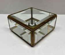 Vintage Glass Brass Beveled Edge Square Trinket Jewelry Box Mirrored Hinged