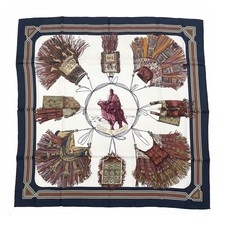 Hermes Carre 90 Silk Scarf Cuirs du Desert Navy Used From Japan