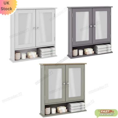 Bathroom Wall Cabinet Storage 2 Door Mirrored Cupboard MDF Shelves Vanity Unit
