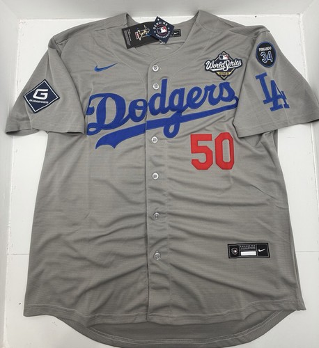Mookie Betts #50 Dodgers 2025 World Series Jersey Stitched Grey Away Jersey