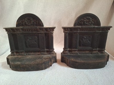 Antique Cast Iron Architectural Fireplace Bookends Pair Ornate Classical Design