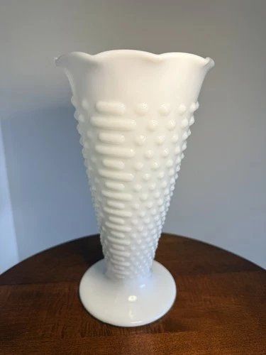 Vintage Anchor Hocking Tall White Milk Glass Hobnail Bars Ruffled Edge Vase