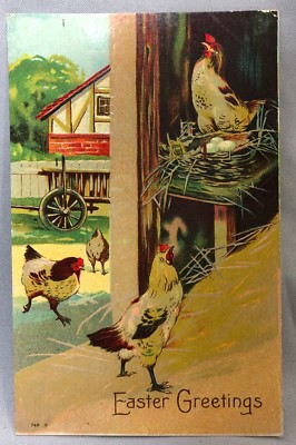 1911 EASTER Greetings CHICKEN & EGGS Hen House FARM Postcard Antique Original